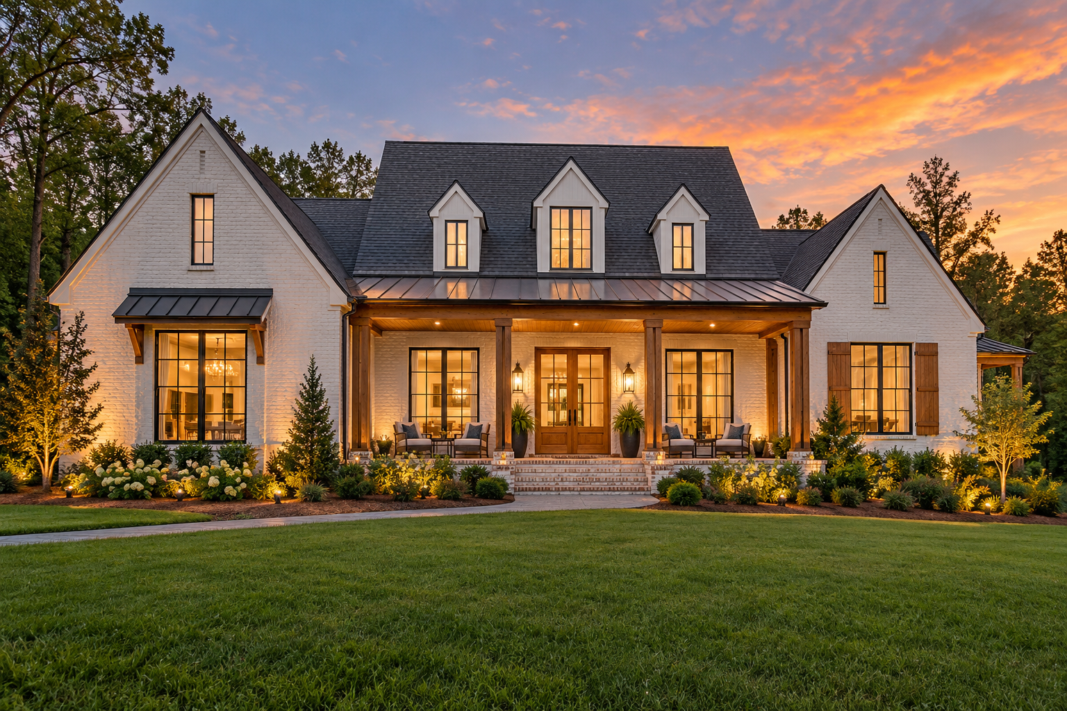 AI-generated demonstration farmhouse exterior at twilight